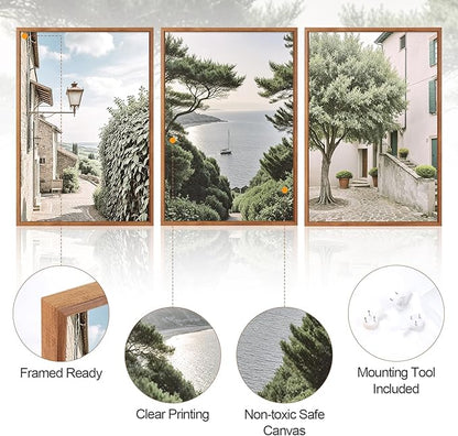 Aurlan Neutral Italy Cityscape Gallery Framed Wall Art(24"x36"), 3PCS Vintage Mediterranean Countryside Landscape Canvas Artwork, Large Town Coast Streets Travel Decor Prints for Office Home