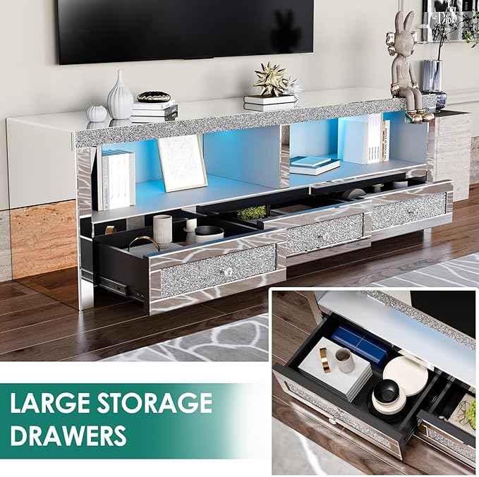 COSVALVE Silver Mirrored TV Stand for TVs Up to 65 Inches, LED TV Stand Modern Entertainment Center with Drawers & Open Storage, TV Console Table for Living Room, Game Room (Fully Assembly)