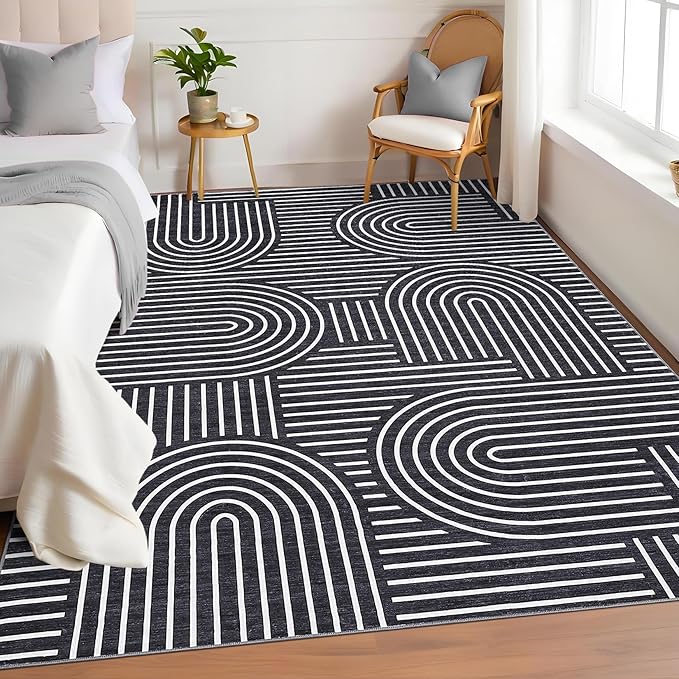 ROYHOME Washable Rug 5x7 Area Rugs for Living Room, Abstract Rug for Bedroom, Soft Rainbow Non Slip Throw Rugs with Rubber Back, Low Pile Stain Resistant Boho Geometric Carpet for Dining Room, Black