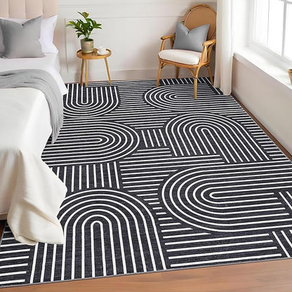 ROYHOME Washable Rug 5x7 Area Rugs for Living Room, Abstract Rug for Bedroom, Soft Rainbow Non Slip Throw Rugs with Rubber Back, Low Pile Stain Resistant Boho Geometric Carpet for Dining Room, Black