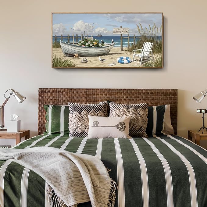 Large Framed Modern Canvas Wall Art, Natural Coastal Beach Landscape Print, Blue Seaside Scenery Decor Painting For Living Room Bedroom Dining Room Study Room, Ready To Hang 48X24 Inch