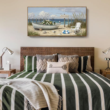 Large Framed Modern Canvas Wall Art, Natural Coastal Beach Landscape Print, Blue Seaside Scenery Decor Painting For Living Room Bedroom Dining Room Study Room, Ready To Hang 48X24 Inch