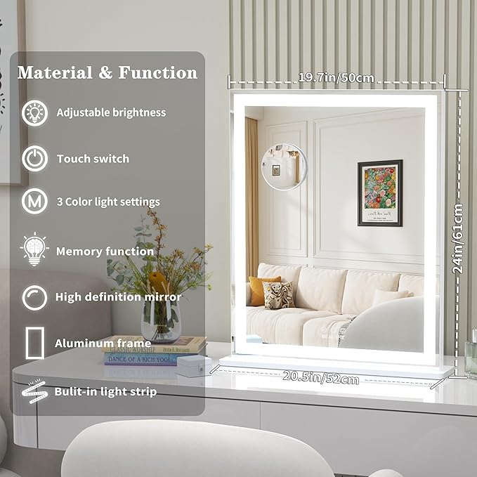 ANYHI Makeup Mirror with Lights, 24"x20.5" Lighted Vanity Mirror with 10X Magnifying, 3 Color Modes, Dimmable, Smart Touch Control, Memory Function, USB Charging Port, Tabletop/Wall Mount, White