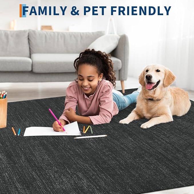 5x7 Washable Rugs Non Slip Minimalist Area Rug for Bedroom Soft Low Pile Solid Color Large Bedroom Throw Carpet Stain Resistant Classic Neutral Area Rug Plain Boho Rugs for Kitchen Nursery, Black