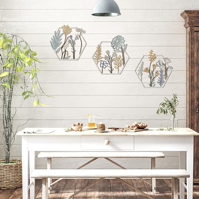 Peryiter 3 Pcs Metal Flower Wall Decor Minimalist Floral Wall Hanging Decor Metal Flower Rustic Floral Art for Spring Living Room Bathroom Kitchen Indoor Outdoor(Beige Gold)