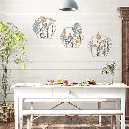 Peryiter 3 Pcs Metal Flower Wall Decor Minimalist Floral Wall Hanging Decor Metal Flower Rustic Floral Art for Spring Living Room Bathroom Kitchen Indoor Outdoor(Beige Gold)