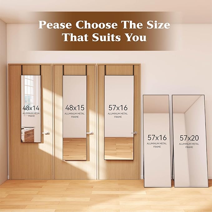 NARCISSUS 47x14 Mirror Door Hanging Full Length,Over Door or Wall Mounted Aluminum Alloy Frame Tempered Glass Rectangle Full Body Mirrors for Bedroom Dressing Living Room Bathroom 47 inch Black