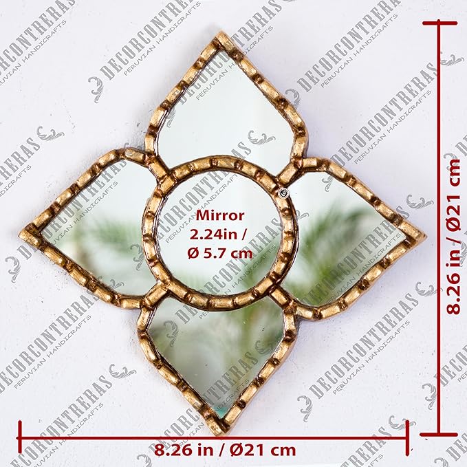 Small Gold Peruvian Mirror Bronze Leaf Frame Handmade Wall Decor 6" Square - 8.3" Diamond - Gift Mothers Day (Gold)