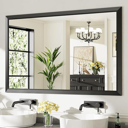 Briivue 55x36 Inch Black Bathroom Mirror for Wall, Thick Metal Framed Rectangle Mirrors for Over Sink, Bedroom, Living Room, Entryway, Anti-Rust, HD Tempered Glass