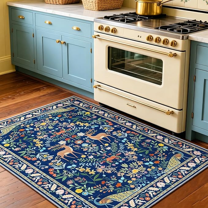 Lunasun 2x3 Washable Bathroom Rug, Small Throw Rugs for Kitchen, Powder Room, Front Door Indoor Entrance, Non Slip Low Pile Stain Resistant, Blue Colorful Floral Aethestic