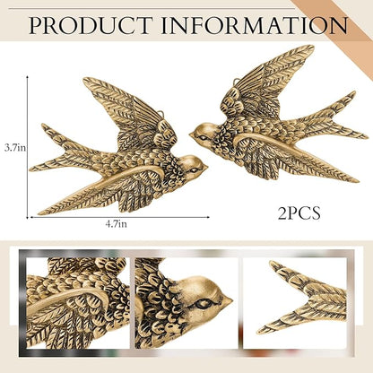 2 Pcs Vintage Bird Wall Sculpture Decor Art 4.7 Inch Antique 3D Sculpted Hanging Bird Resin Wall Art Golden Brass Floating Ornament for Living Room Garden Outdoor, Gifts for Couples Housewarming