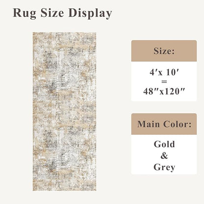 4x10 ft Extra Wide Hallway Rug – Non-Slip Washable Rubber-Backed Large Carpet Runner for Kitchen, Entryway | Modern Abstract, Low-Pile Thin Floor Mat for Bedroom Living Room Dining Room (Gold Grey)