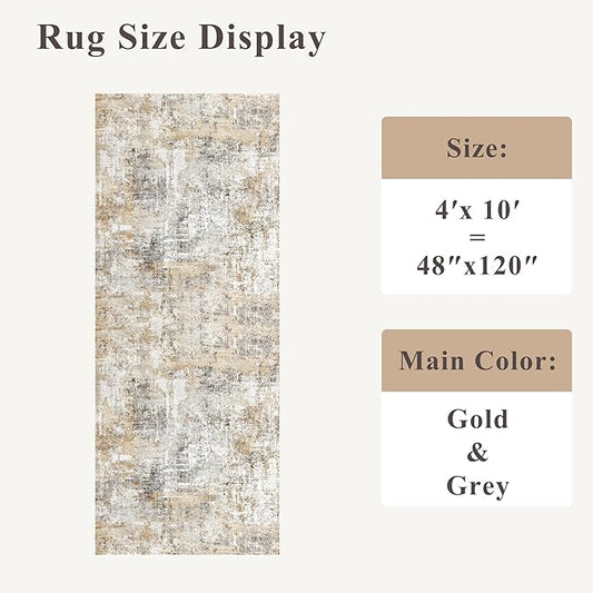 4x10 ft Extra Wide Hallway Rug – Non-Slip Washable Rubber-Backed Large Carpet Runner for Kitchen, Entryway | Modern Abstract, Low-Pile Thin Floor Mat for Bedroom Living Room Dining Room (Gold Grey)