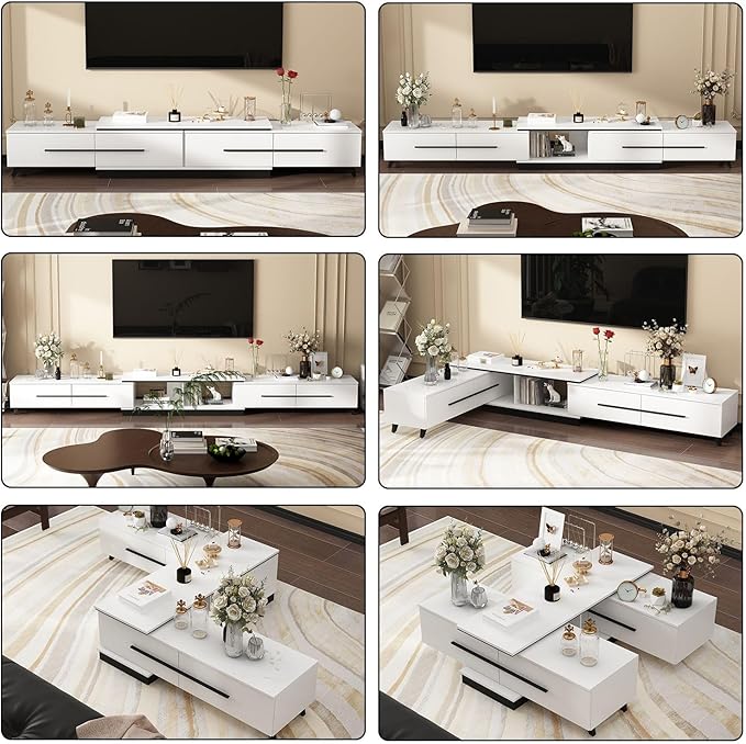 Modern TV Console Extendable Media Console, Adjustable Length, Contemporary Entertainment Center with Drawers and Legs, for Living Room White and Black (95”-133.9”W x 15.2”D x 13.1”H)