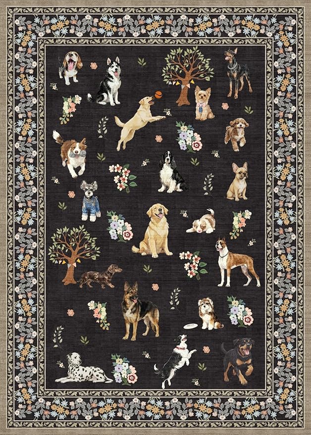 Area Rug 4x6 Black Dog Rug, Washable Rugs Non Slip Low Pile Floral Dog Small Carpet for Bedroom, Bedside, Kids Room, Office, Dining Room
