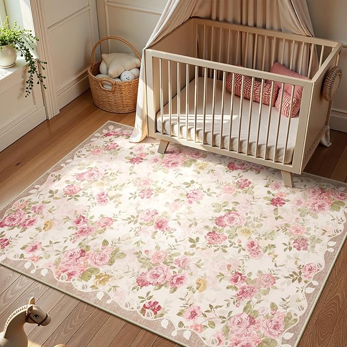 Lahome Washable Area Rug 6x9,Nursery Rug Girl Living Room Rug 6x9, Vintage Girls Rugs for Bedroom Ultra-Thin Non Slip Carpet for Playroom Dining Room Dorm Nina (6'X9',Beige)