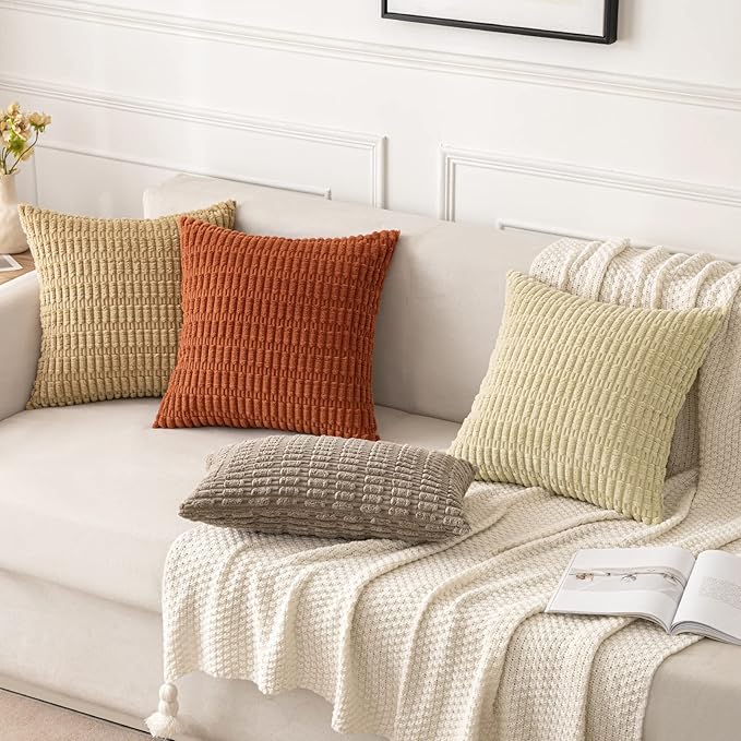 MIULEE Pack of 2 Corduroy Decorative Euro Sham Throw Pillow Covers 22x22 Inch Soft Boho Striped Pillow Covers Modern Farmhouse Home Decor for Sofa Living Room Couch Bed Khaki