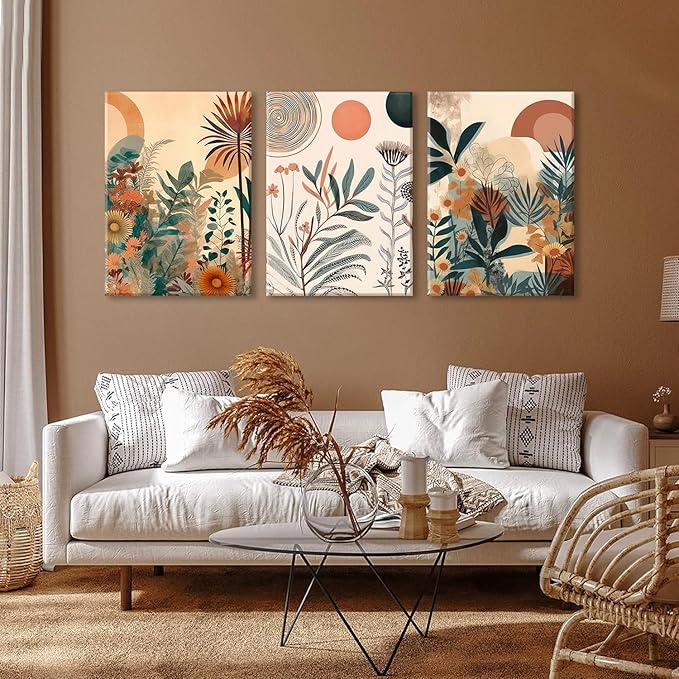 LYPHNX Framed Boho Burnt Orange Botanical Floral Canvas Wall Art Abstract Terracotta Jungle Poster Pictures Set of 3 Flower Prints Painting Home Decor for Bathroom Bedroom Living Room 12"x16"