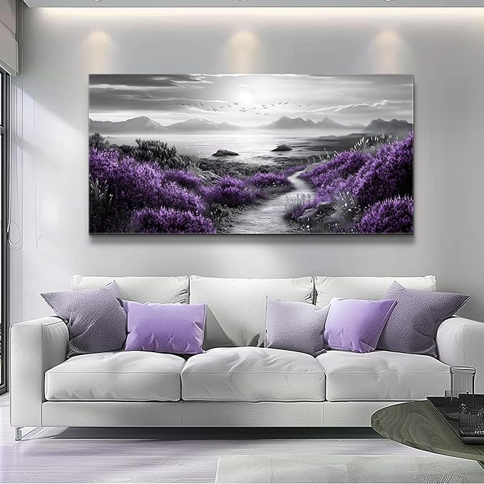 FUHAIHUA Canvas Wall Art For Living Room Large Wall Decor For Office Bedroom Decorations Purple Flowers Landscape Pictures Black And White Painting Artwork Wall Mural Aesthetic Home Decor 30x60 In