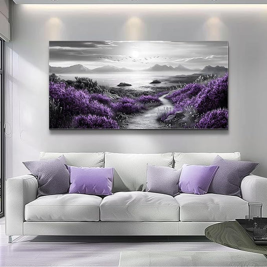 FUHAIHUA Large Wall Decor For Living Room Canvas Wall Art For Office Wall Decorations For Bedroom purple flowers Landscape Painting Black and white Pictures Artwork Room Home Decor 24x48 In