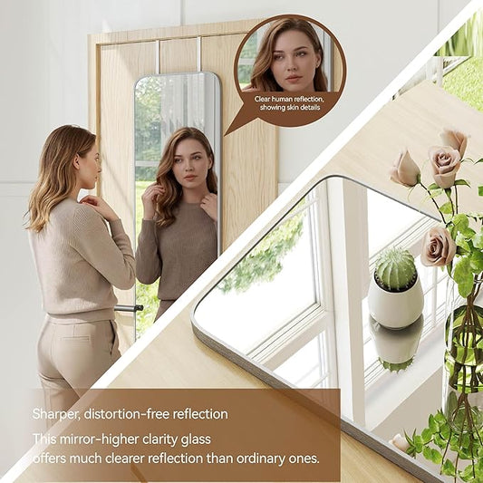 NARCISSUS 57x16 Mirror Door Hanging Full Length Body with Floor Stand or Wall Mounted Metal Aluminum Frame Tempered Glass Rectangle Mirrors for Bedroom Dressing Living Room Bathroom 57 inch Silver