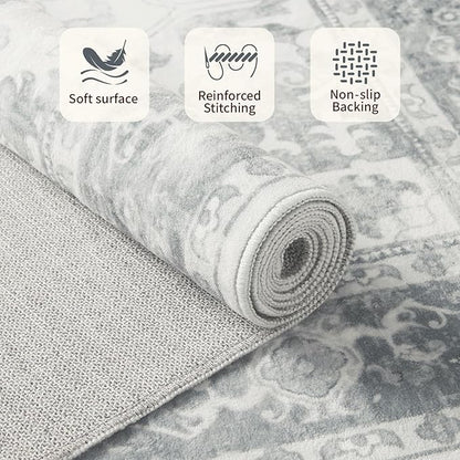 Rugxara 8x10 Washable Area Rug for Living Room, Extra Large Neutral Vintage Boho Rugs for Office, Kids Room, Farmhouse, Durable Low Pile Non Slip Carpet for High Traffic Areas, Light Grey