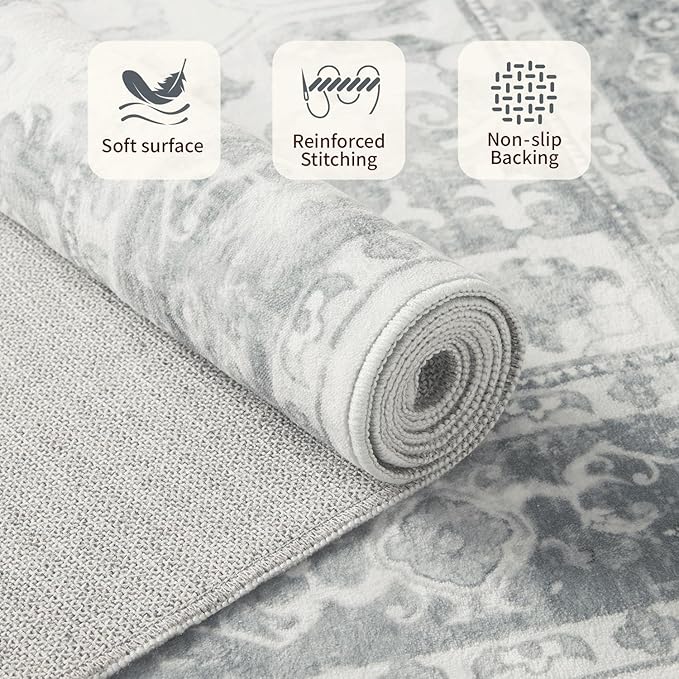 Rugxara Washable Area Rug for Living Room, Neutral Vintage Boho Rugs for Office, Dining Room, Kids Room, Farmhouse, Durable Low Pile Non Slip Carpet for High Traffic Areas, Light Grey(4x6ft)