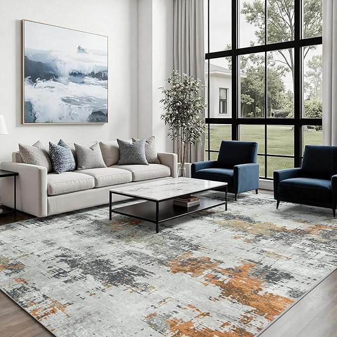 Area Rug 9x12 Living Room Rug Washable: No-Slip Abstract Soft Thin Large Grey Rugs, Indoor Floor Stain Resistant Modern Carpet for Bedroom Dining Room Farmhouse Nursery Home Office (Grey, 9'x12')