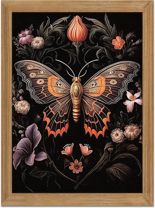 Framed Vintage 3D Textured Wall Art - Gothic Butterfly Wall Decor - Hand Drawn Sandstone Nature Botanical Pictures for Living Room Bedroom Home Decor 12x16in