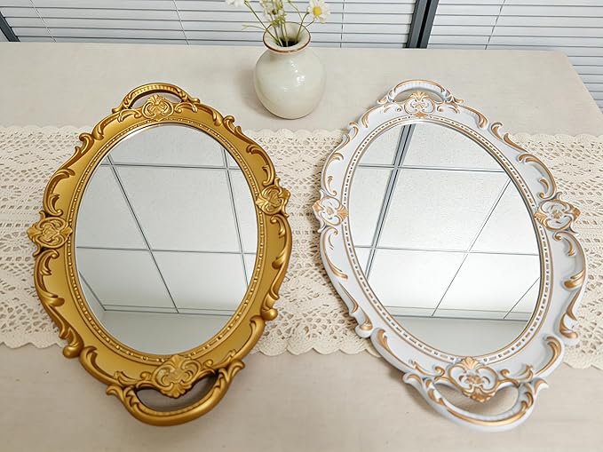 Vintage Oval Resin Wall Mirror, Wall-Mounted Decorative Mirror, Vanity Tray for Entryway, Corridor, Bedroom, Living Room Dressing Table (White Gold 15X10 Inch)