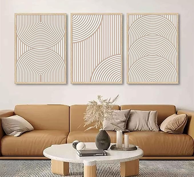 3Pcs Beige Neutral Wall Art Boho Minimalist Line Canvas Paintings Abstract Beige and White Line Wall Decor Mid Century Geometric Posters Prints for Living Room Bedroom Office Art Pictures Unframed