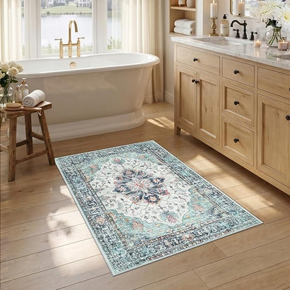 RELEANY Area Rugs 2'6"x4' Kitchen Rugs Entry Rug Small Rugs for Entryway Kitchen Bathroom Door Mat Indoor Entrance,Washable Non Slip, Green Navy Blue White Red Teal Colorful