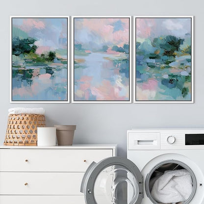 SIGNLEADER Framed Canvas Print Wall Art Set Soft Pastel Lake Landscape Illustrations Minimal Decorative Bohemian Nordic for Living Room, Bedroom, Office - 16"x24"x3 WHITE