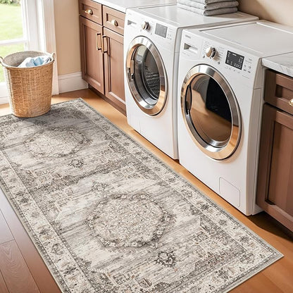 Washable Hallway Runner Rugs 3x6: Soft Ultra Thin Low Pile Carpet Machine Washable Indoor Lightweight Rug Runner Anti Slip Backing Rugs for Living Room Bedroom Kitchen 3'x6' Beige