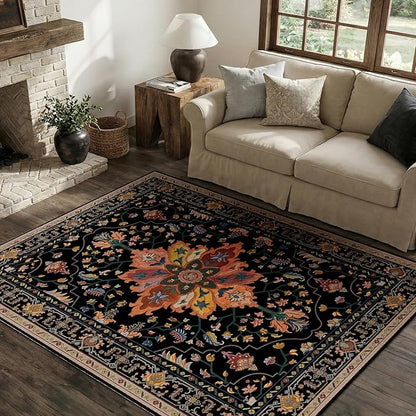 RELEANY Area Rugs 4'x6' Washable Non-Slip, Floral Vintage Distress Print Pattern Medallion Carpet for Living Room Bedroom Dining Room, Black Colorful Floral Dark Tan