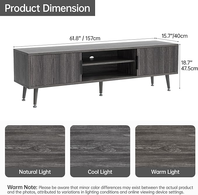 Airynee Mid Century TV Stand, Modern TV Console for TVs up to 70 Inches, Entertainment Center with Storage, TV and Media Consol, 62 Inch (Gray)
