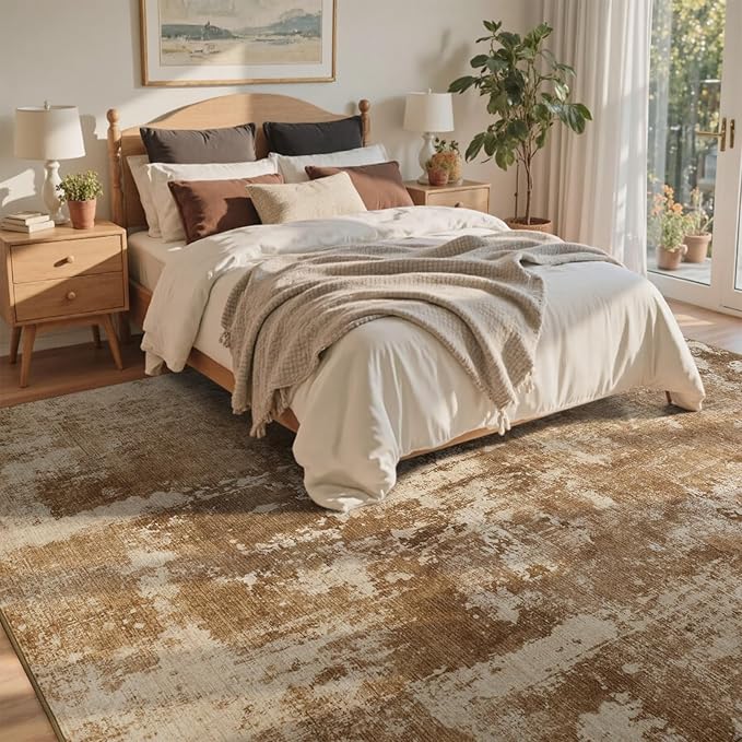 8x10 Ft Large Area Rugs for Living Room, Soft Non-Slip Washable Rugs Modern Abstract Pattern Carpet for Bedroom Indoor Floor Nursery Home Decor (Brown)