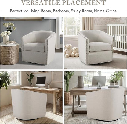 Madison Park Swivel Barrel Accent Chair, Upholstered Curved Back with 7-Inch Thick Woven Cushion, 360° Swivel, Nailhead Trim, Comfy Chair for Living Room, Bedroom, Office, 28" Wide, Neutral, Tyler