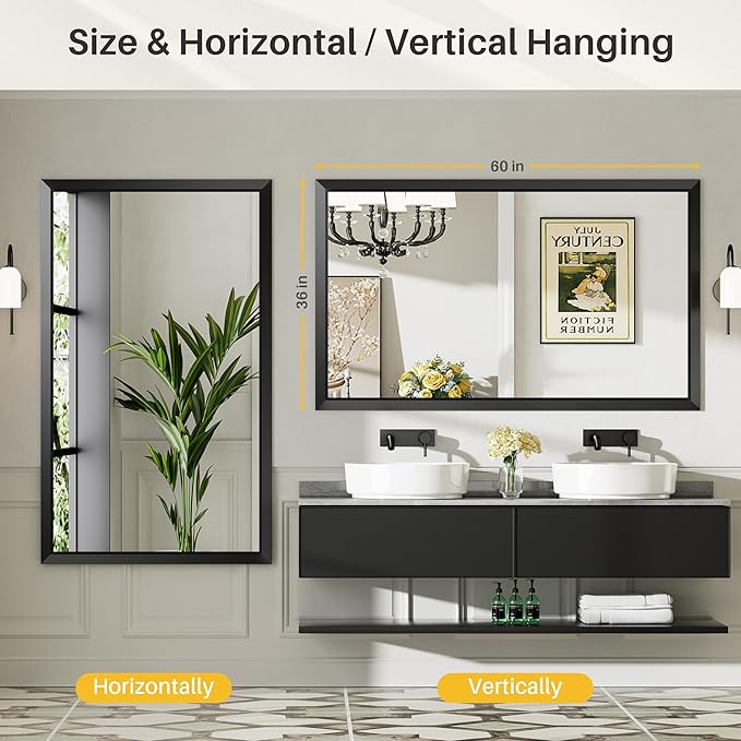Briivue 60x36 Inch Black Bathroom Mirror for Wall, Thick Metal Framed Rectangle Mirrors for Over Sink, Bedroom, Living Room, Entryway, Anti-Rust, HD Tempered Glass