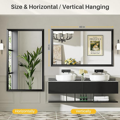 Briivue 60x36 Inch Black Bathroom Mirror for Wall, Thick Metal Framed Rectangle Mirrors for Over Sink, Bedroom, Living Room, Entryway, Anti-Rust, HD Tempered Glass