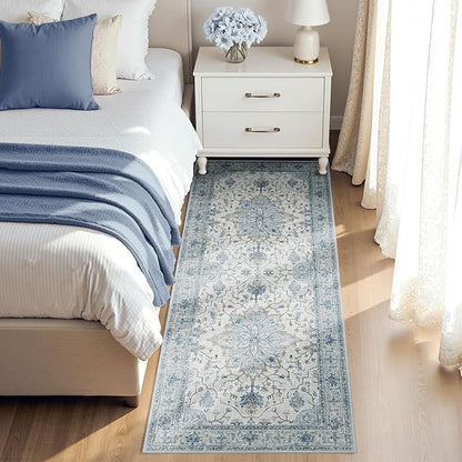 RELEANY Area Rugs 2'x5' Runner Rug Non Slip Washable for Kitchen Hallway Bedroom Beside Laundry Room Bathroom Rug, Floor Carpet, Light Blue Navy Beige Gray White