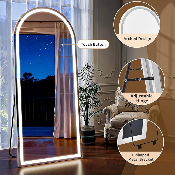 Led Mirror Full Length Tempered Glass Arched Full Body Mirrors with Dimming & 3 Color Lighting 30 x 71 Inch Full Length led Mirror for Bedroom, Dressing Room