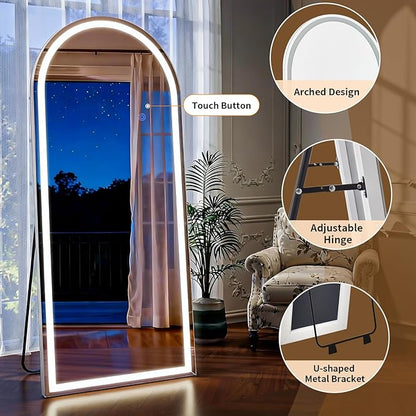 Led Mirror Full Length Tempered Glass Arched Full Body Mirrors with Dimming & 3 Color Lighting 30 x 71 Inch Full Length led Mirror for Bedroom, Dressing Room