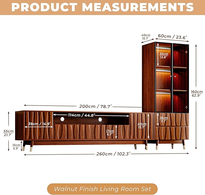 102'' Walnut Finish Entertainment Center for 55/65/75 inch TV, Included 78'' TV Stand and Glass Display Cabinet, 2-Piece Brown Mid Century Modern Wood Media Console for Living Room