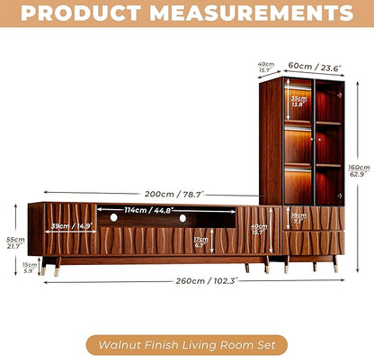 102'' Walnut Finish Entertainment Center for 55/65/75 inch TV, Included 78'' TV Stand and Glass Display Cabinet, 2-Piece Brown Mid Century Modern Wood Media Console for Living Room