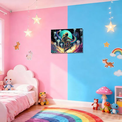 12x16 Framed Space Astronaut Skateboard Canvas Wall Art Colorful Galaxy Print with Jellyfish Rainbow Cosmic Teen Boys Room Fantasy Decor Kid Bedroom Funny Earth Poster Child Study Room Office Picture