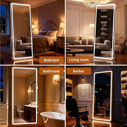 Led Mirror Full Length 26 x 65 Inch Tempered Glass Full Body Mirrors with Dimming & 3 Color Lighting Standing Leaning or Hanging Full Length Mirrors Lights for Bedroom Dressing Room Rect