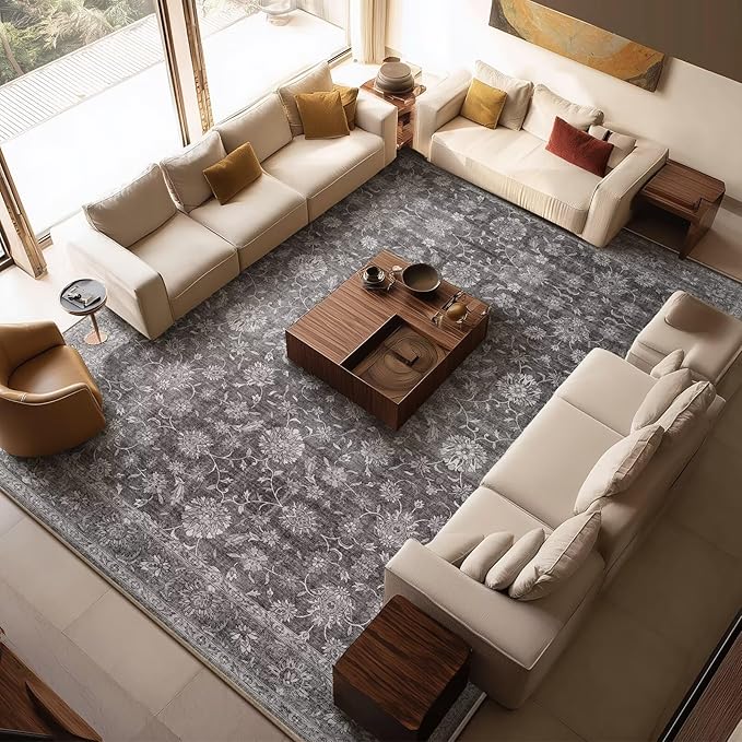 Washable 10x14 Area Rugs for Living Room, Boho Non-Slip Vintage Distress Large Rugs for Bedroom Dining Room Office, 0.3" Neutral Oriental Throw Thin Carpet, Grey/Multi, E3