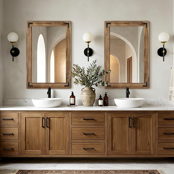 AMOISE Farmhouse Bathroom Vanity Mirror, 36" x 24" Wood Frame Wall Mirror, Vintage Rustic Decor for Entryway, Bedroom, Living Room, Vertical or Horizontal Hanging