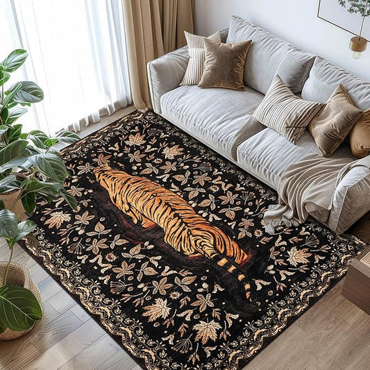 Washable Tiger Area Rugs 5x7Ft, Boho Animal Living Room Bedroom Rugs, Soft Low Pile Jungle Kids Nursery Dining Room Area Floor Carpets for Dorm Playroom Farmhouse Fall Decor, Black/Gold